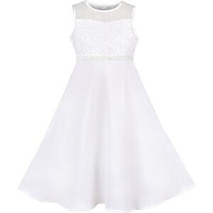 🆕Girls Burgundy Flower Lace Top White Chiffon Sleeveless Gradient Skirt Dress